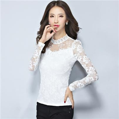 Online discount shop Australia - Fashion Large Size Women Lace long Sleeve Chiffon Blouses White Black Shirts Nylon Crochet  Tops  S078