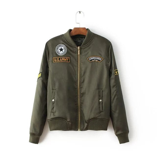 Online discount shop Australia - Ladies Flight Bomber Jackets Women Casual Short Thick Coat Ourterwear Army Green Embroidered Patch