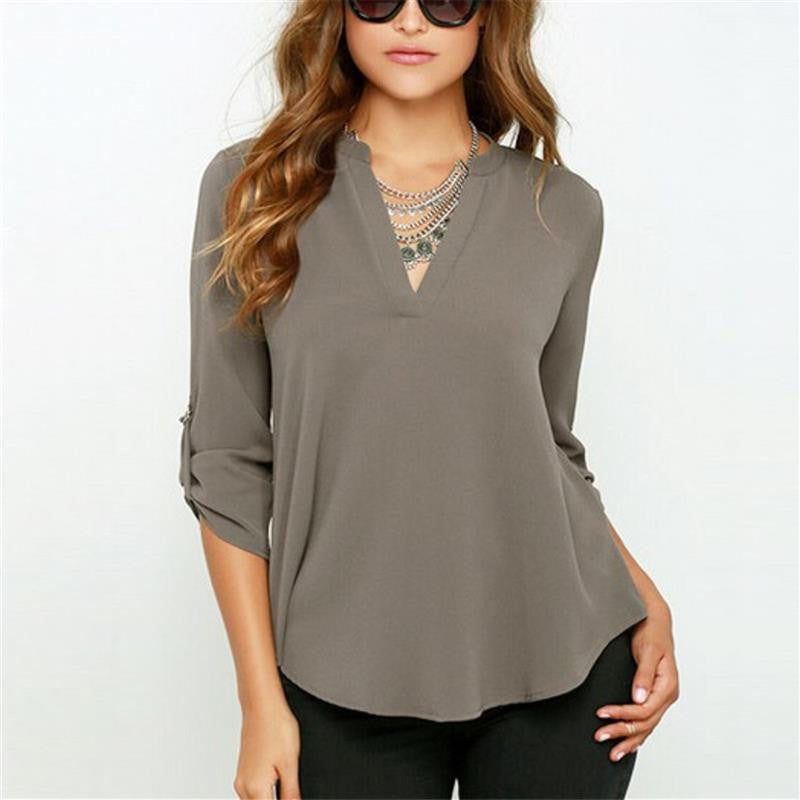 Women V-neck Chiffon Blouse Casual Long Sleeve Solid Shirts Tops Plus Size 5XL