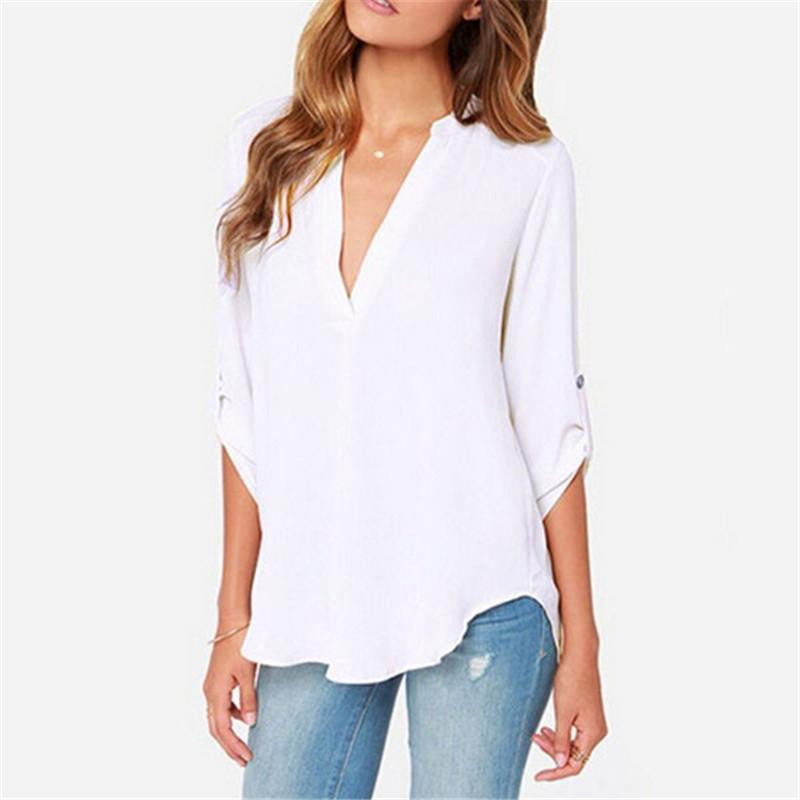 Women V-neck Chiffon Blouse Casual Long Sleeve Solid Shirts Tops Plus Size 5XL