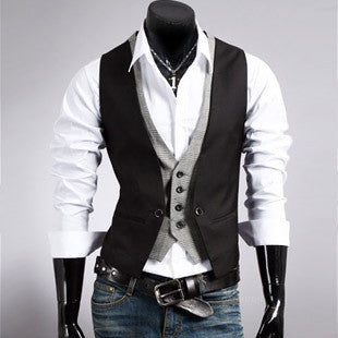 Online discount shop Australia - False Two Pieces Waistcoat Inside Gird Pattern V-Neck Style Design Vest Slim Fit for Men Boys HB88