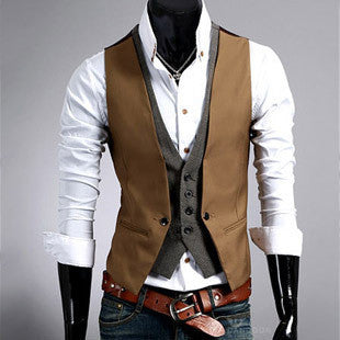 Online discount shop Australia - False Two Pieces Waistcoat Inside Gird Pattern V-Neck Style Design Vest Slim Fit for Men Boys HB88