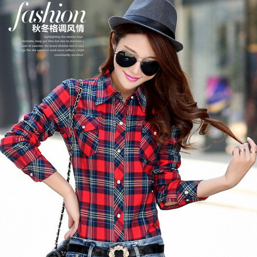 female and long sleeve casual plaid shirts / women's plus velvet youth pop thick slim shirt