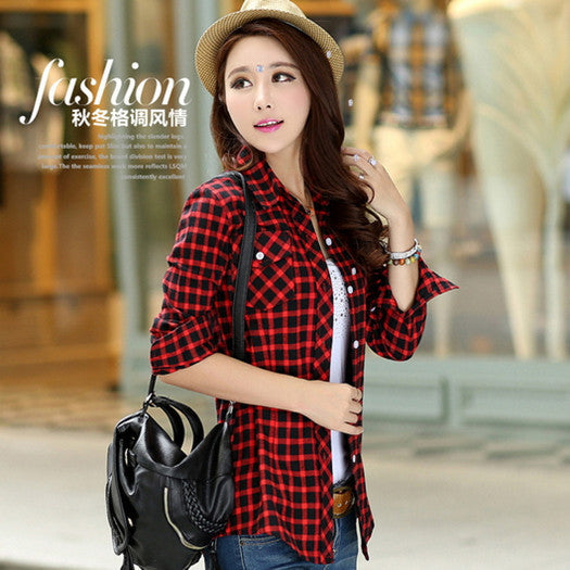 female and long sleeve casual plaid shirts / women's plus velvet youth pop thick slim shirt
