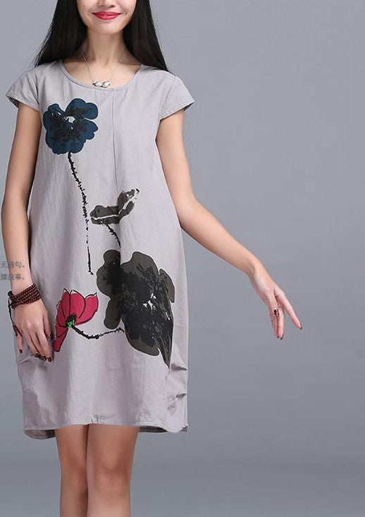 Fashion Summer Arts style High cotton linen Loose casual Women Dresses Vintage Ink Printing Short sleeve Dress