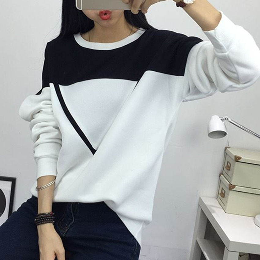 Fashion Black and White Spell Color Patchwork Hoodies Women V Pattern Pullover Sweatshirt Female Tracksuit M-XXL
