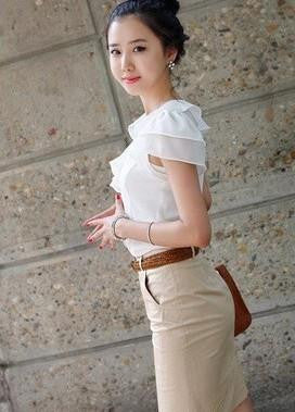 Women Clothing Girl Casual Bow tie Short Sleeve Chiffon Blouse & Shirt Office Lady Ruffles Formal Tops