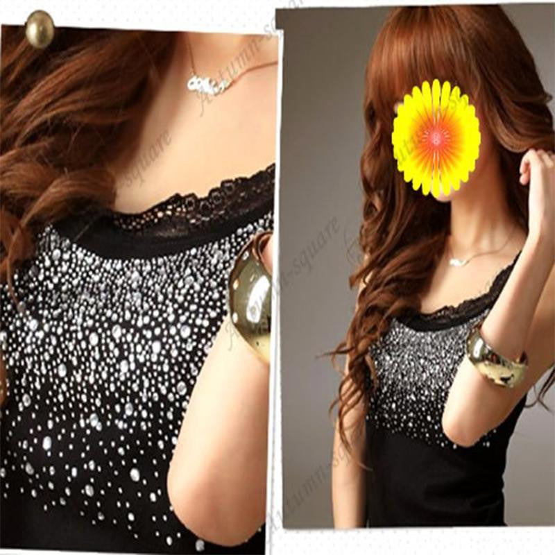 Women Tees Rhinestone Lace Stunning Based Sleeveless Vest Top