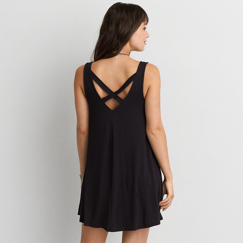 Online discount shop Australia - Casual Black 70% Cotton Sleeveless Short Summer Dresses Bandage V Back Women Dress XXXXL 5XL