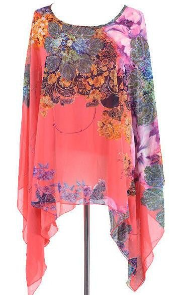 Women Batwing Sleeve Loose Chiffon Floral Print shirt Blouse Tops