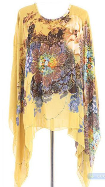 Women Batwing Sleeve Loose Chiffon Floral Print shirt Blouse Tops