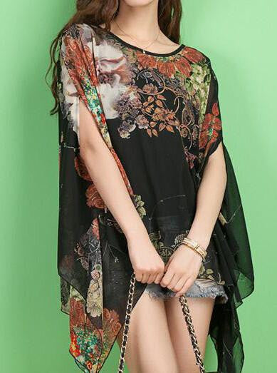 Women Batwing Sleeve Loose Chiffon Floral Print shirt Blouse Tops