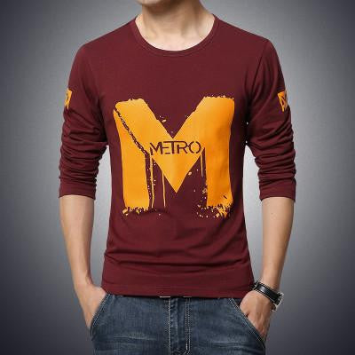 solid color stitching round neck long-sleeved sleeve Men's T-Shirt