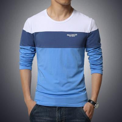 solid color stitching round neck long-sleeved sleeve Men's T-Shirt