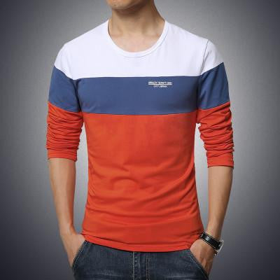 solid color stitching round neck long-sleeved sleeve Men's T-Shirt