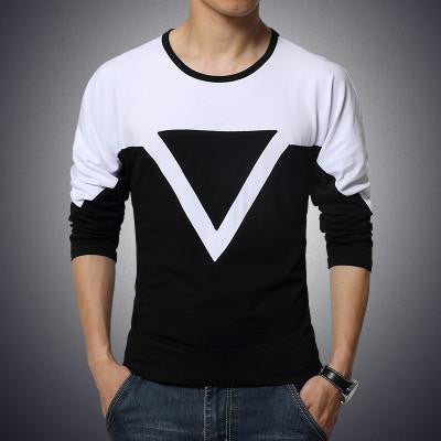 solid color stitching round neck long-sleeved sleeve Men's T-Shirt