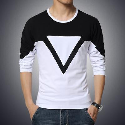 solid color stitching round neck long-sleeved sleeve Men's T-Shirt