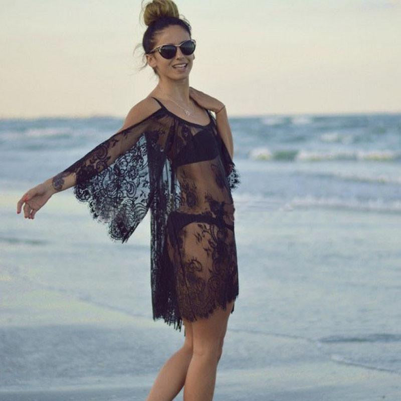 Women Beach Dress Cover Strap Sheer Floral Lace Embroidered Crochet Dresses Hippie Boho