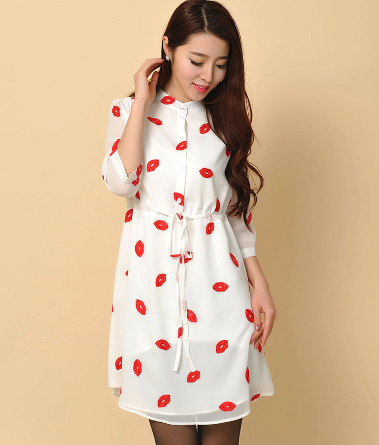 Online discount shop Australia - Autumn Cute Red Lips Print Stand Collar lined Dresses Women Chiffon Dress with Sashes Plus Size S-4XL