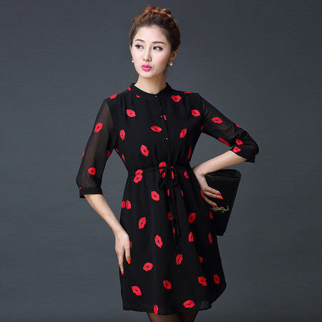 Online discount shop Australia - Autumn Cute Red Lips Print Stand Collar lined Dresses Women Chiffon Dress with Sashes Plus Size S-4XL