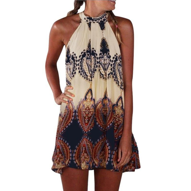 Summer Style Women Casual Loose Chiffon Dress Sleeveless O-Neck Print Boho Vestidos Beach Mini Dress Plus Size S-3XL