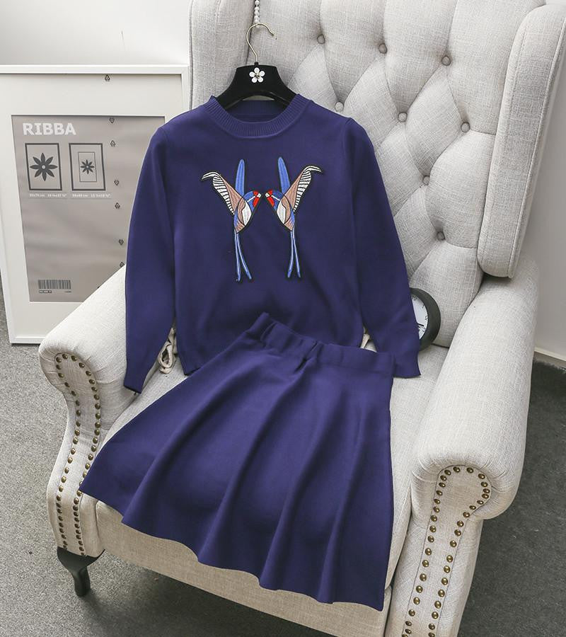 Online discount shop Australia - High-end Women's Sequined Embroider Bird Sweater Top + A-line Skirt 2pcs Sets Ladies Vogue Knit Suits Red Black Blue