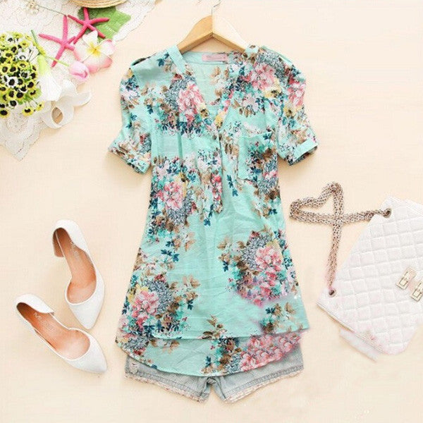 Print Floral Women V neck Long Sleeve Button Blouse Ladies Casual Loose Tops Shirts