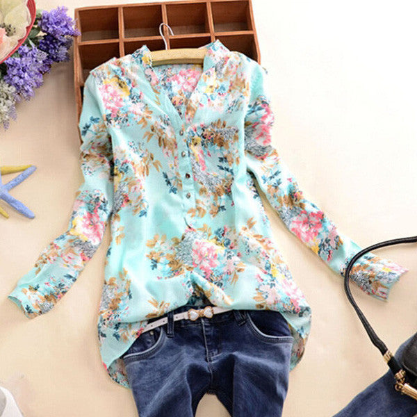 Print Floral Women V neck Long Sleeve Button Blouse Ladies Casual Loose Tops Shirts