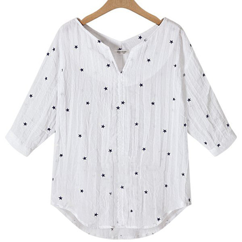 Online discount shop Australia - Fashion Women Casual Loose Three Quarter Sleeve V Neck Star Printed Shirt Joker Shirt Blouse Top