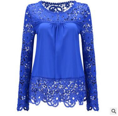 Women Fashion Elegant Lace Blouse Shirt Chiffon Long Sleeve Tops Plus Size Women Clothing 15 Colors S-7XL