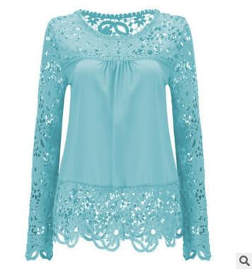 Women Fashion Elegant Lace Blouse Shirt Chiffon Long Sleeve Tops Plus Size Women Clothing 15 Colors S-7XL