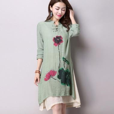 Women's National Wind Casual Long-Sleeved Cotton Linen Dress Plus Size Long Linen Dresses Simple Printing CX002