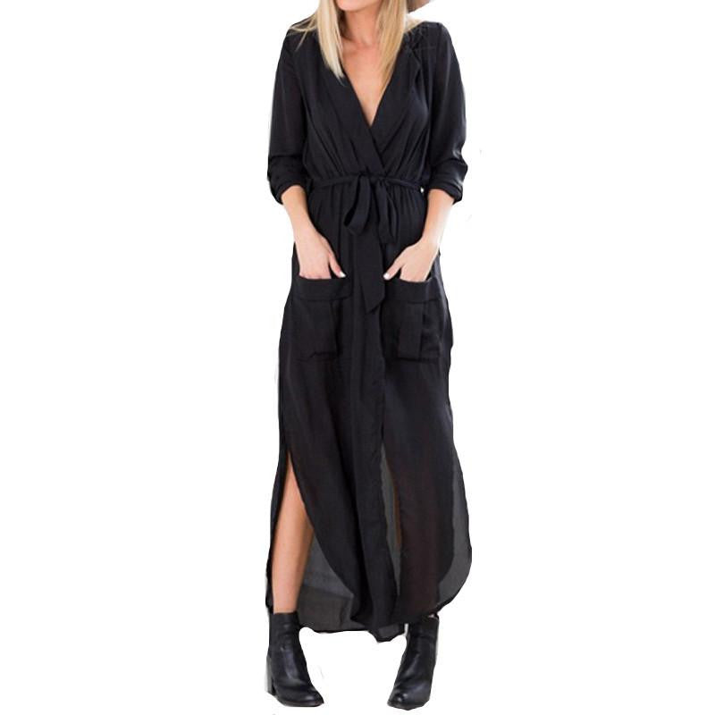 Women Casual Loose Deep V Neck Long Maxi Dress Split Chiffon Dress Plus Size
