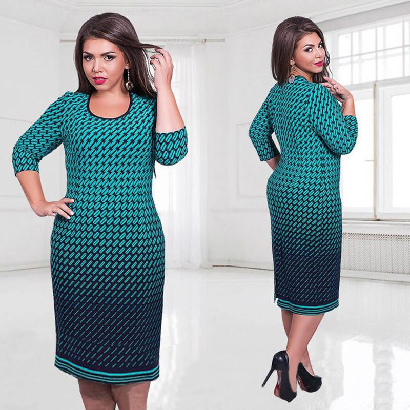 Women Office Work Blue Floral Print 5xl 6xl Dress Regular Sheath Autumn Winter Dresses Plus Size Casual Clothing