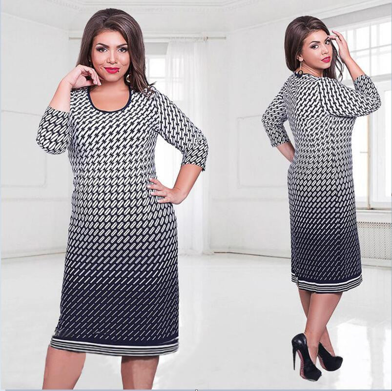 Women Office Work Blue Floral Print 5xl 6xl Dress Regular Sheath Autumn Winter Dresses Plus Size Casual Clothing