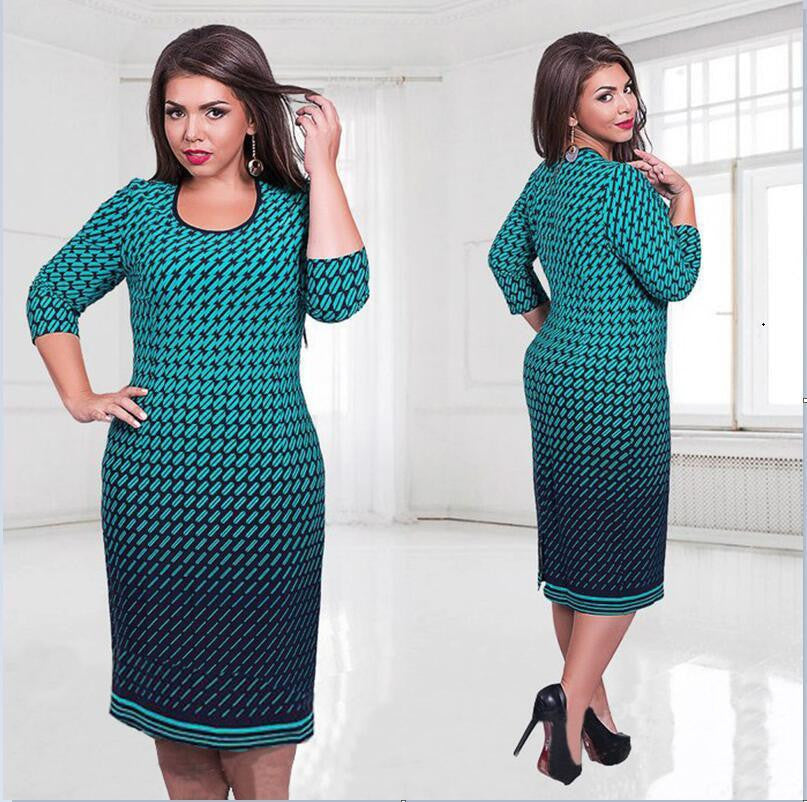 Women Office Work Blue Floral Print 5xl 6xl Dress Regular Sheath Autumn Winter Dresses Plus Size Casual Clothing