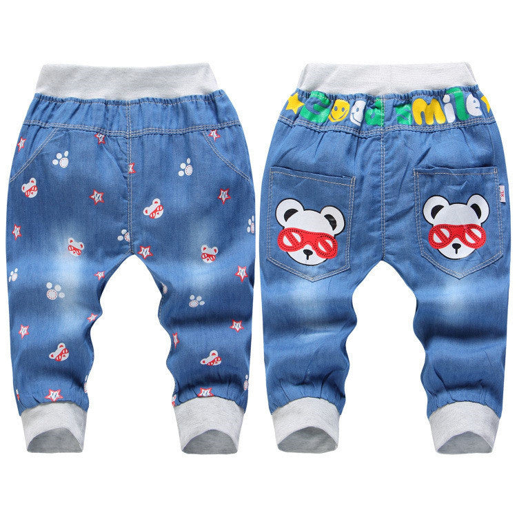Kids Jeans Elastic Waist Straight Bear Pattern Denim Seventh Pants Retail Boy Jeans For 2-5 Years WB142