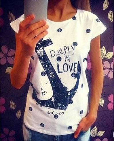 Style Women Lady Letter Print Anchor Slim Cotton Casual Shirts Tops T Shirts