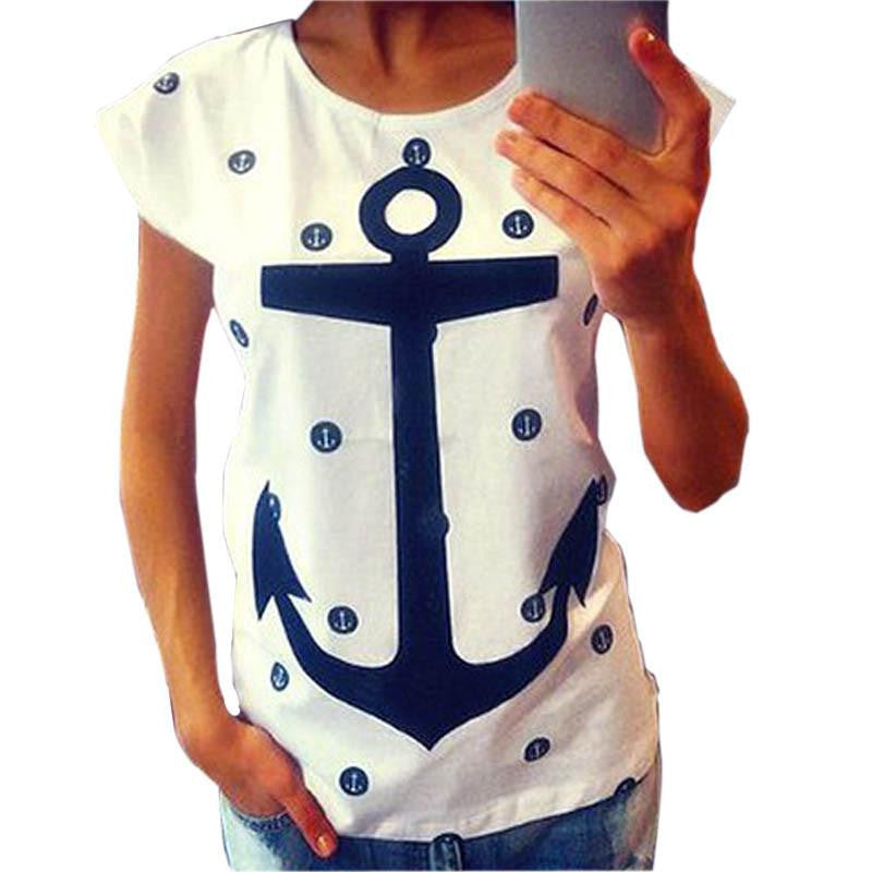 Style Women Lady Letter Print Anchor Slim Cotton Casual Shirts Tops T Shirts