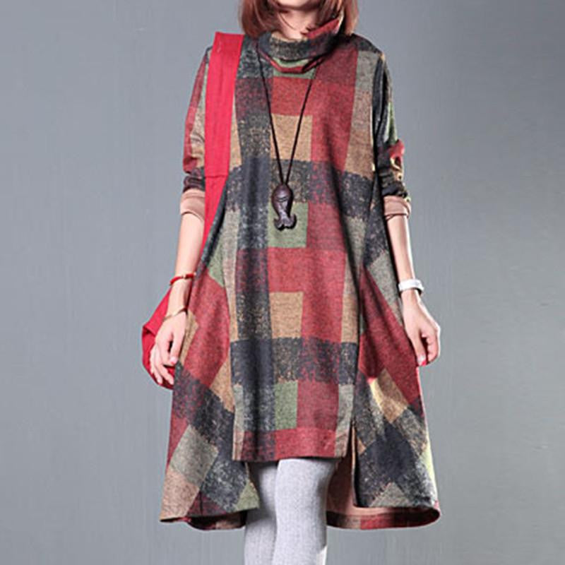 Winter Dress Plus Size Clothing Loose Women Dress Turtleneck Irregular Wool Dress Plaid Long Sleeve Vintage Dress
