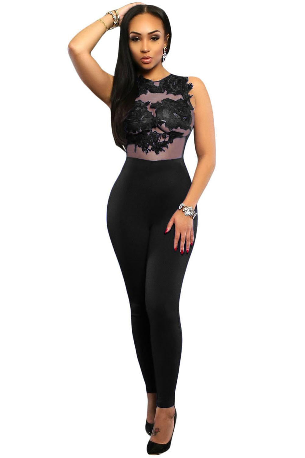 Online discount shop Australia - Dear-Lover Jumpsuits Women Long Pants Casual Black Lace Leather Splice Flare Open Back Party Sexy Club Rompers Macacao LC64037