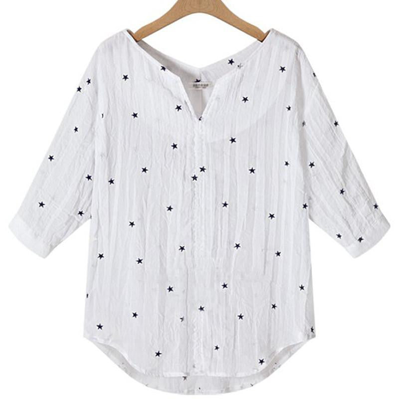 Women Casual Loose Three Quarter Sleeve V Neck Star Printed Shirt Joker Shirt Blouse Top