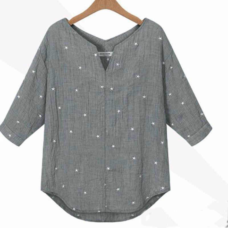 Women Casual Loose Three Quarter Sleeve V Neck Star Printed Shirt Joker Shirt Blouse Top