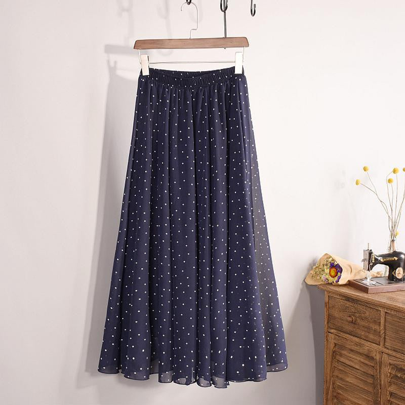 Fashion Women's Elegant Dot Print Chiffon 3 Layers Long Skirt Ladies Slim High-Waist Elastic Waist Pleated Skirts SK16