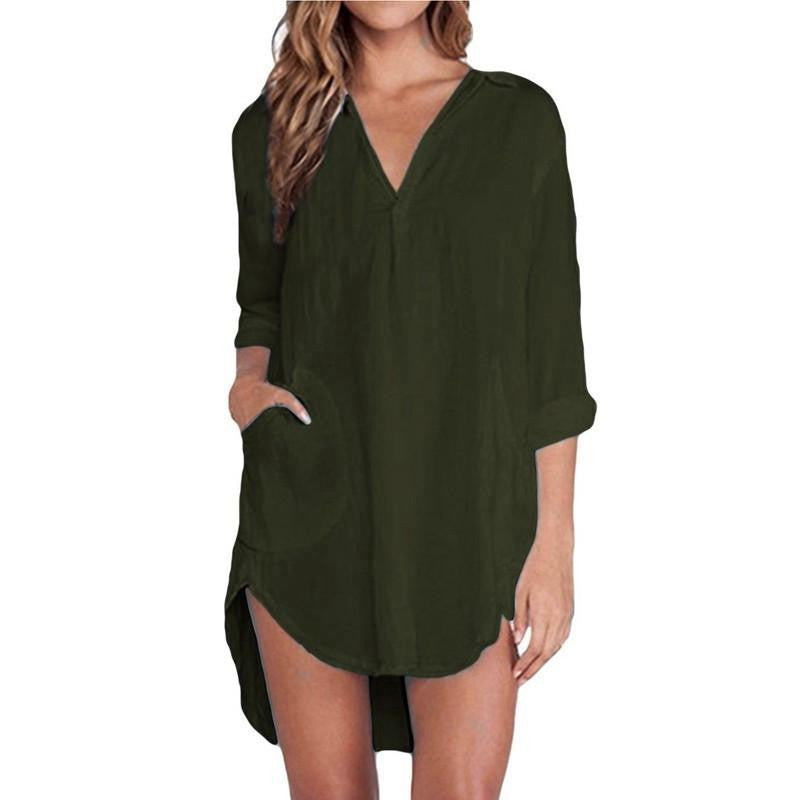 Style Women Long Tops V Neck Pocket Solid Long Sleeve Blouses Casual Loose Mini Dress Shirts US Plus Size 4-24