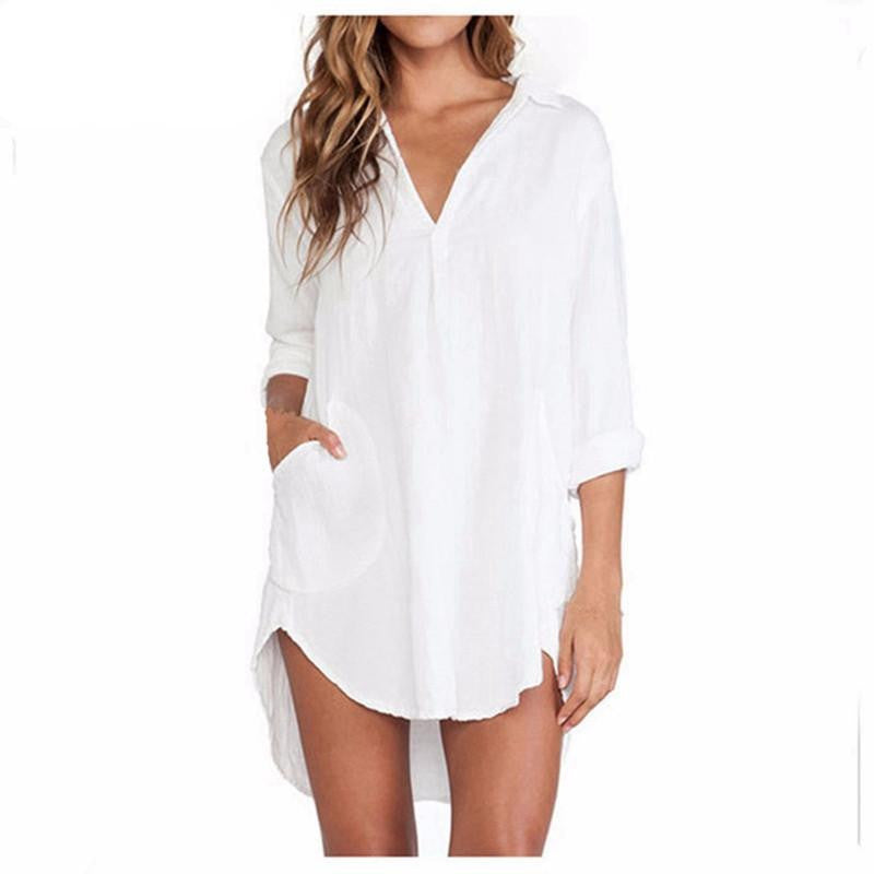 Style Women Long Tops V Neck Pocket Solid Long Sleeve Blouses Casual Loose Mini Dress Shirts US Plus Size 4-24
