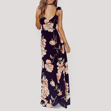 Online discount shop Australia - Fashion Womens Floral Print Backless Split Tie Maxi Dress Deep V-neck Sexy Party Loose Casual Dresses