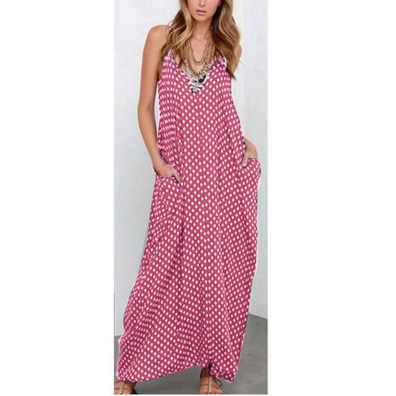 Women Strapless Polka Dot Casual Loose Long Maxi Summer Dress Cotton Beach