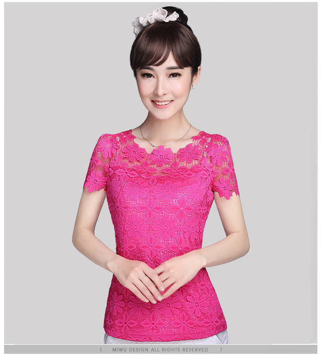 Short Sleeve Tee Shirt Top For Women Clothing Women Lace Blouse Floral Sheer Blouses M-5XL