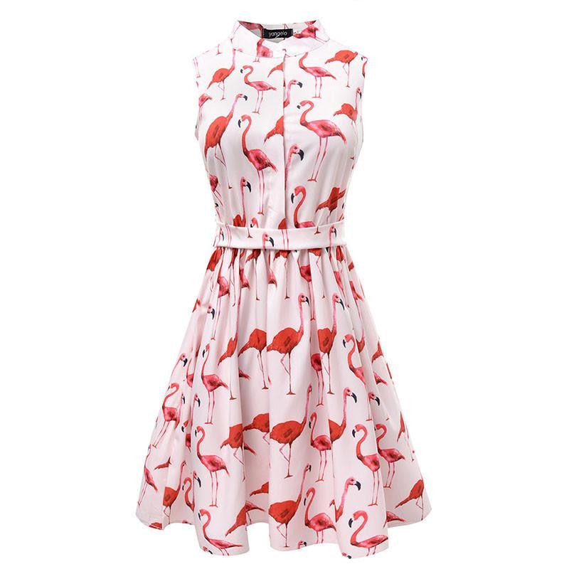Summer Style Women Dress Flamingo Fun Flare Prints Casual High Waist Cute A Line Mini Dresses